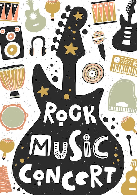 Rock music festival vector illustration Guitar silhouette with lettering Cultural entertainment