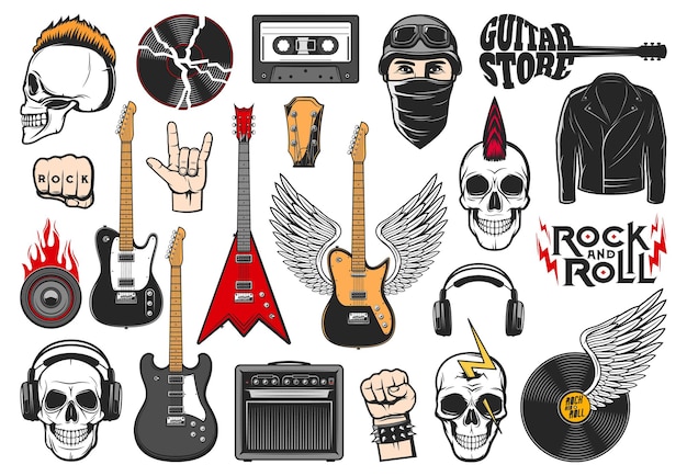 Vector rock music icons guitars loudspeaker headphones