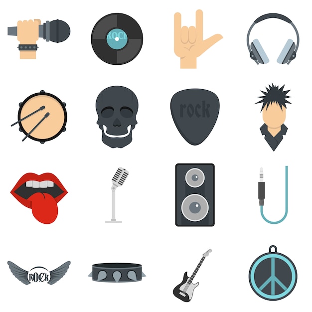 Rock music icons set in flat style