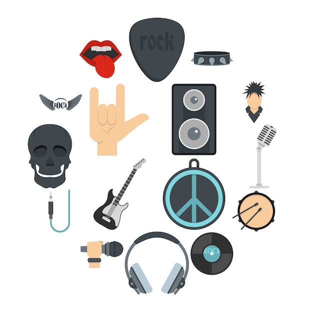 Rock music icons set in flat style