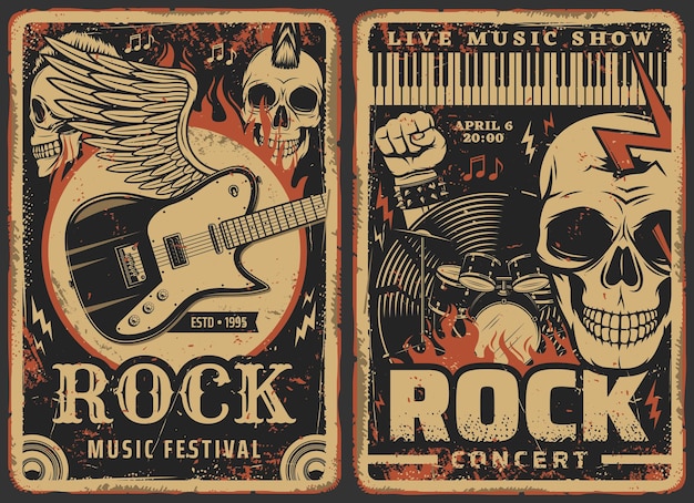 Manifesti di musica rock, festival di concerti o band e festival di spettacoli di musica dal vivo