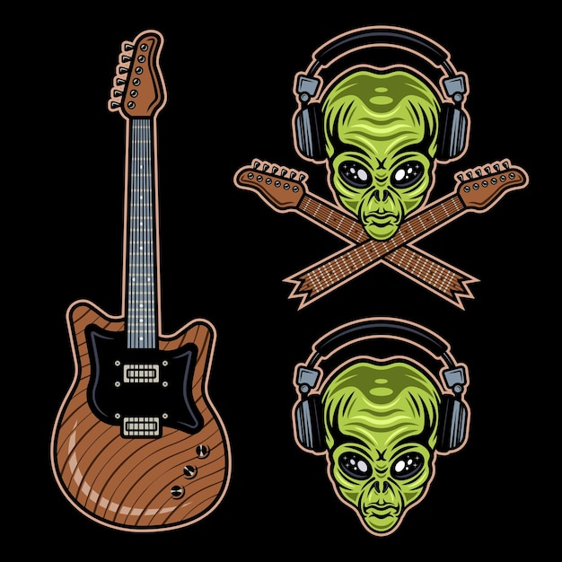 Vector rock music set of vector objects alien head in headphones and guitar colorful cartoon illustrations on dark background