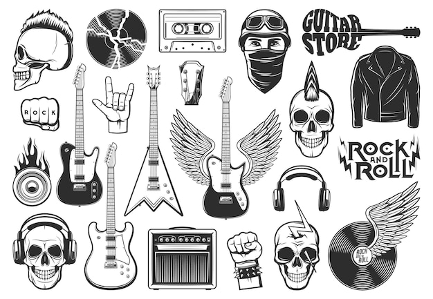 Vector rock music symbols, musical instruments icons set