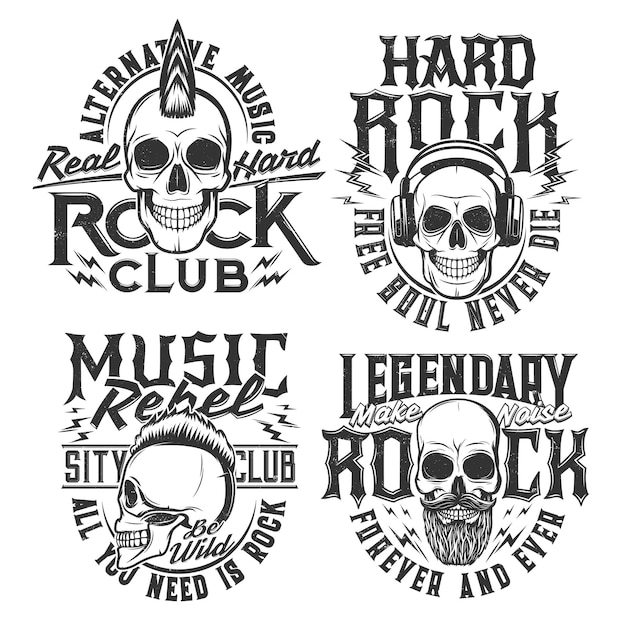 Rock music tshirt prints hard rock club skull emblems with punk haircut and beard Hard rock music club badges with skull in headphones and slogans Make noise and Be Wild in electric sound lightning