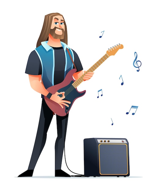 Vettore musicista rock che suona la chitarra. illustrazione del personaggio dei cartoni animati