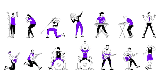 Set di illustrazioni di contorno di musicisti rock. membri della band musicale. chitarristi, batteristi, cantanti. persone che suonano al concerto. personaggio dei cartoni animati. disegno semplice