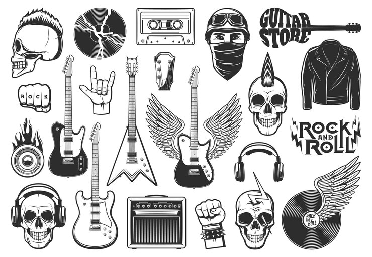 Vector rock muziek symbolen, muziekinstrumenten iconen set