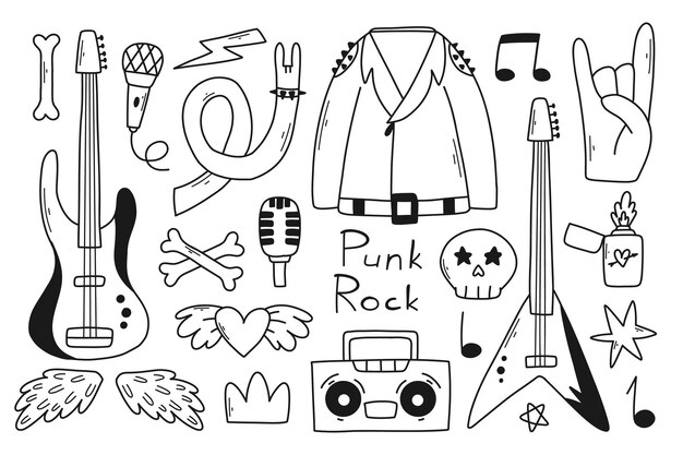 Rock n roll, punk music doodle set. Graffiti, tattoo hand drawn sticker,  text, skull, heart, skate, gesture hand. Grunge rock vector illustration.  11643792 Vector Art at Vecteezy