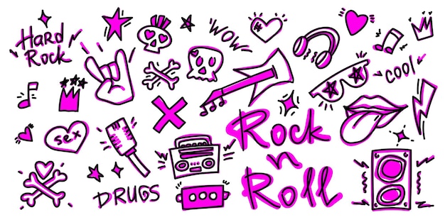 Rock n roll punk music doodle set vector illustration