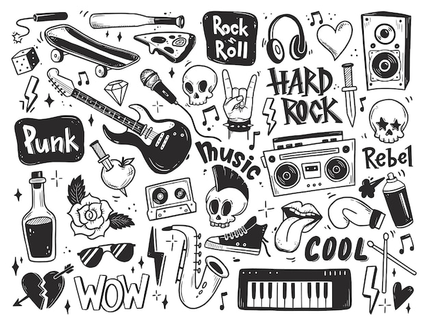 Rock n roll punk muziek doodle set