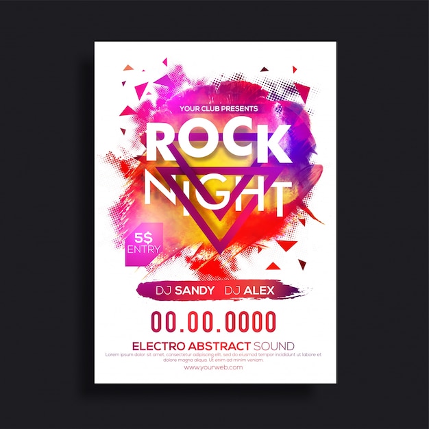 Rock night, musical party flyer, sjabloon of banner met abstracte kleurrijke borstelslagen en halftoneffect.
