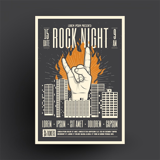 Шаблон макета флаера для рок-ночной вечеринки для вечеринки в ночном клубе, концерта или концерта с живой музыкой