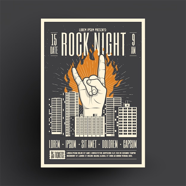 Vettore modello di mockup di volantini poster rock night party per la tua festa in discoteca o evento di musica dal vivo o concerto.