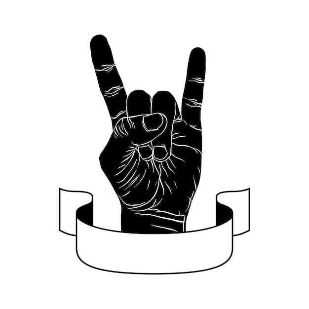 Vector rock on hand creatief bord met lint, muziekembleem, rock n roll, hardrock, heavy metal, muziek, gedetailleerde zwart-wit vectorillustratie.