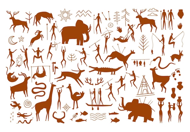 Rock painting Caveman life scenes prehistoric hunter cave drawings and wild ancient animals silhouettes Stone age art vector set