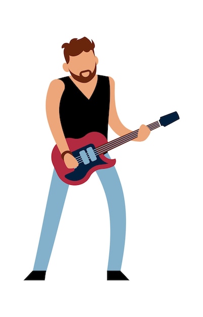 Rock or pop musician. Cartoon male guitarist character in jeans with red electric guitar plays melody, music show entertainment and hobby leisure activity concept vector cartoon isolated illustration