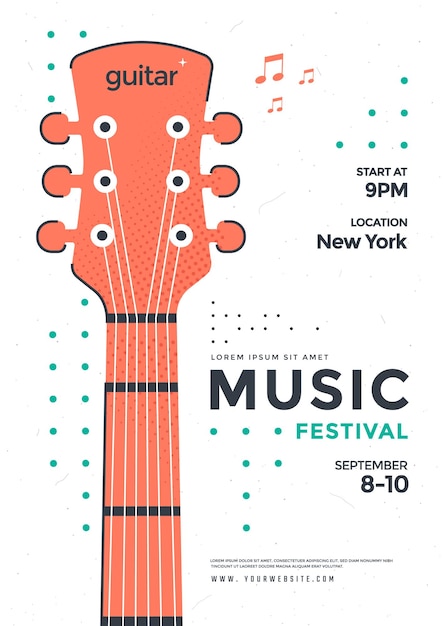 Шаблон дизайна рок-плаката со стилизованной акустической гитарой флаер музыкального фестиваля в стиле поп-панк