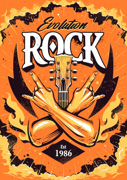 ベクトル 交差させた手でロックポスターテンプレートは、ロックンロールのジェスチャー、ギターの首、劇的な空を背景に炎に署名します。