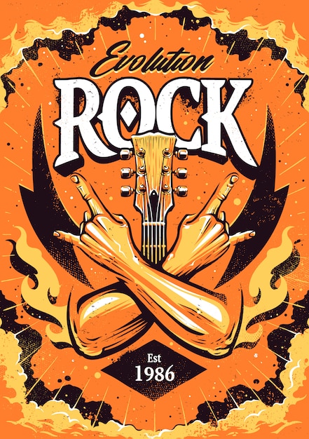 Il modello del manifesto del rock con le mani incrociate firma il gesto del rock n roll, il collo della chitarra e le fiamme sullo sfondo del cielo drammatico.