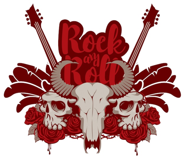 Vector rock poster with skulls guitars and roses