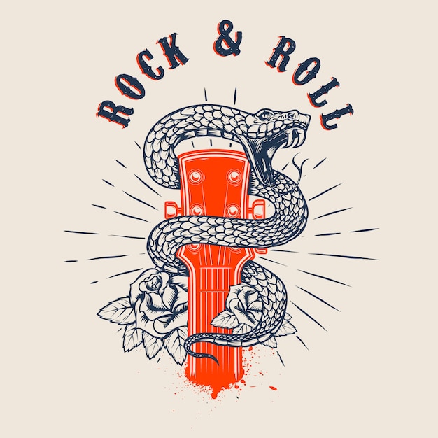 Rock and roll. testa di chitarra con serpente e rose. elemento per poster, carta, banner, emblema, maglietta. illustrazione