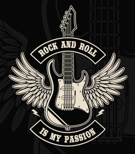 Rock and roll guitar with wings illustration on dark background. text is on the separate group.