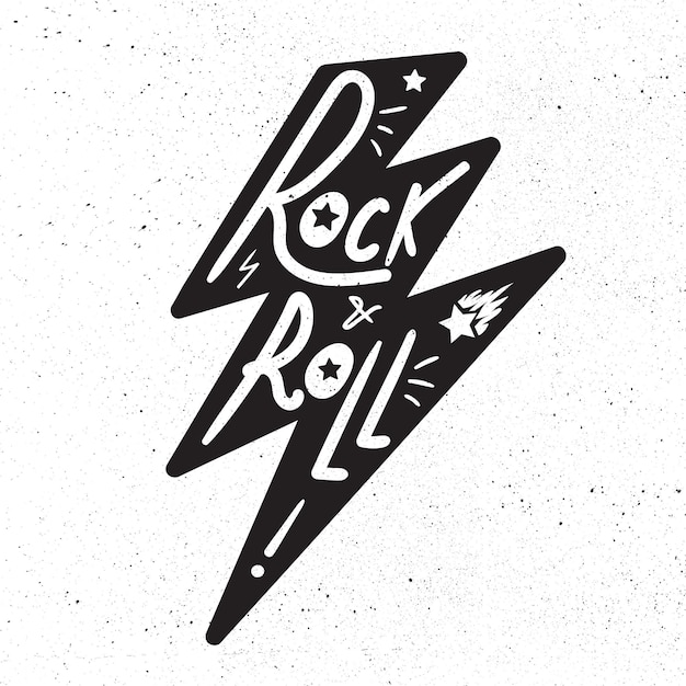 Rock and roll lettering per t-shirt, adesivo, stampa, tessuto, stoffa. distintivo di musica monocromatica disegnata a mano dell'annata. emblema sonoro retrò hipster per biglietti, volantini per concerti, feste, cartoline, etichette, poster. vettore