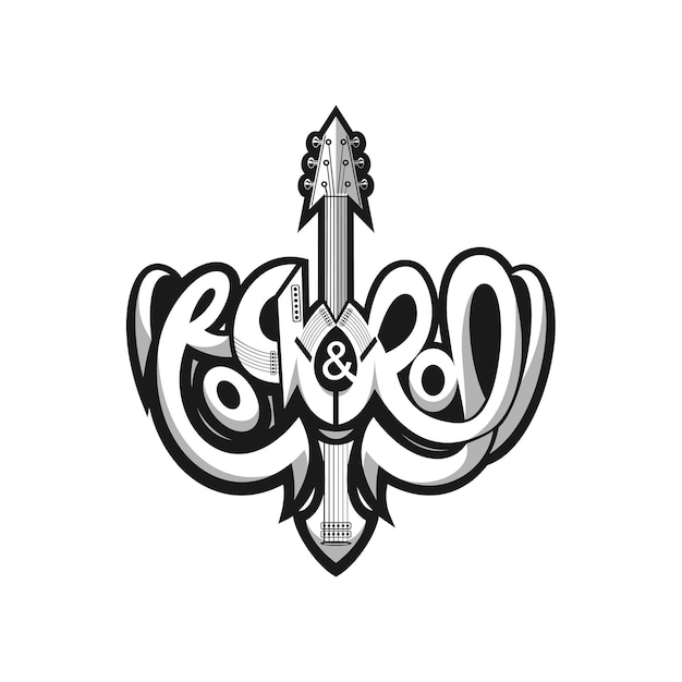 Rock and Roll logo lettering design with electric guitar decoration in the middle