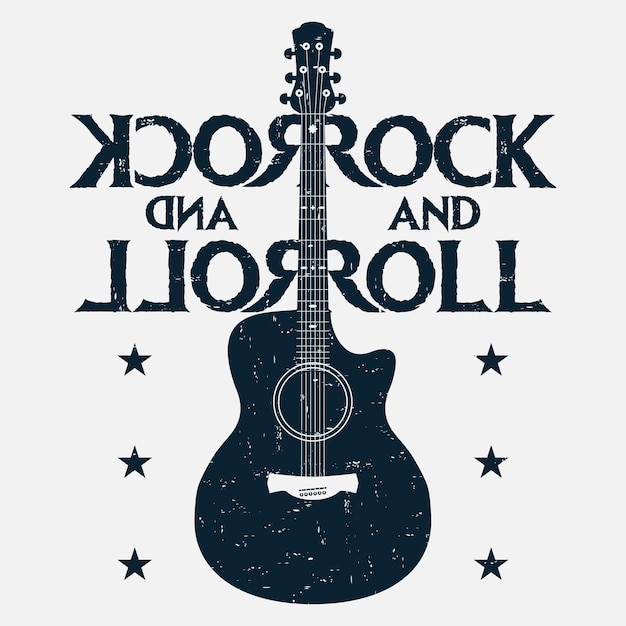 Rock and roll music grunge print with guitar. rock-music design for t-shirt, clothes, poster. vector illustration.