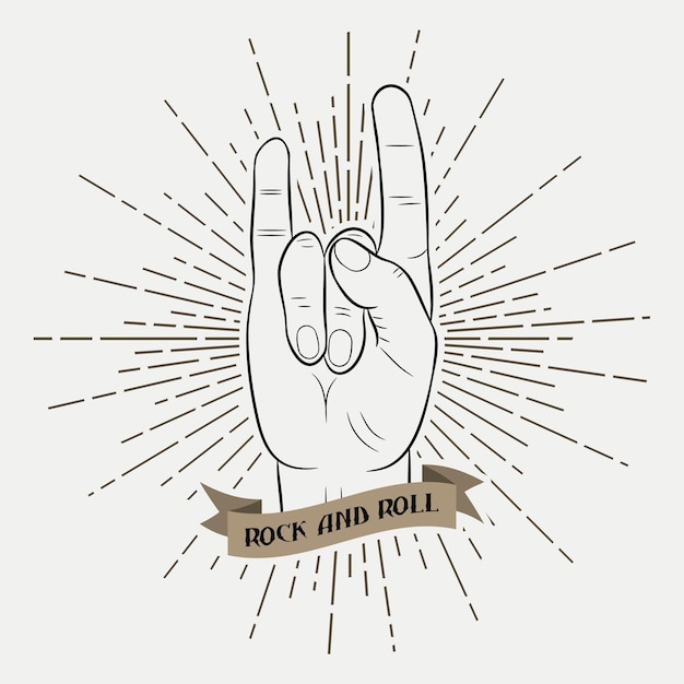 Vector rock and roll music hand. typography graphic for clothes with sunray and ribbon. print for t-shirts, poster, apparel. hipster style. vector illustration.