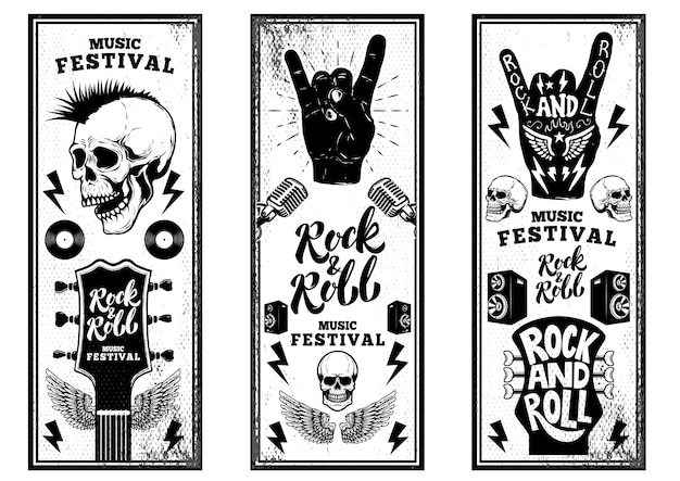 Vector rock and roll party flyers template. vintage guitars, punk skull, rock and roll sign on grunge background.  illustration