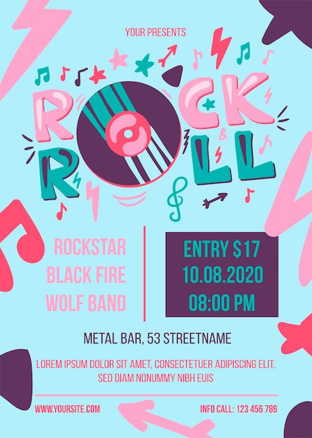 Rock and roll party vector poster template. entertainment event web banner. music concert brochure