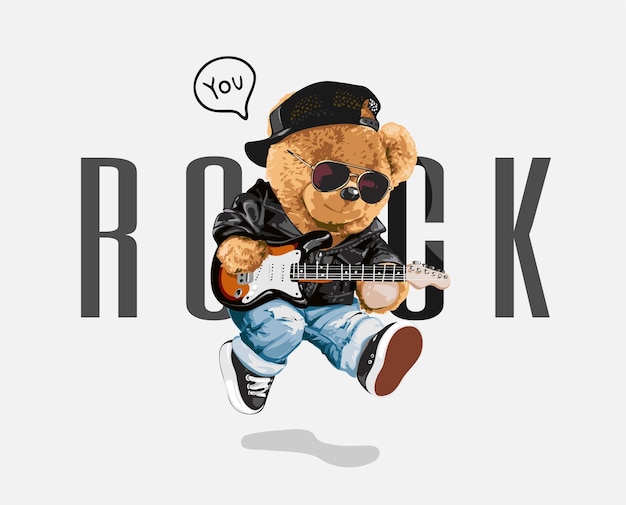 rock slogan with bear doll in rocker style and guitar vector illustration