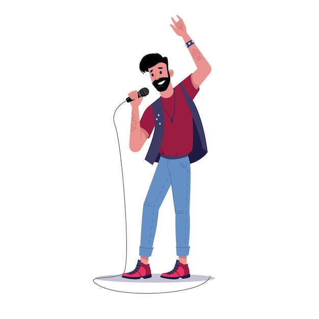 Vector rock soloist singing into microphone isolated bearded man singer vector solo musician sing songs