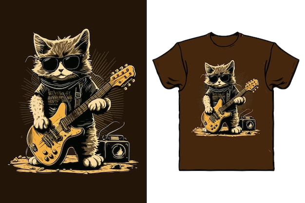 Tシャツのデザインで音楽を演奏するロックスターの猫