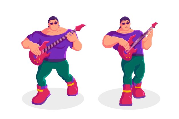 Rock star man playing guitar in different poses