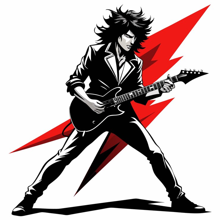 Vector rock star playing electric guitar with red lightning bolt