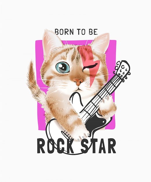 Rock star slogan with cute cartoon cat playing guitar illustration