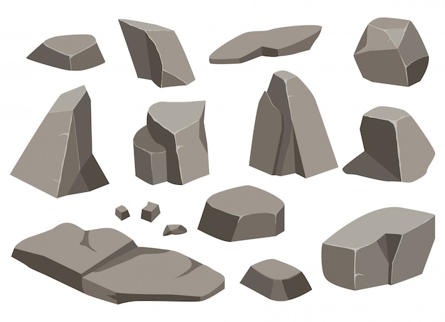 Rock stone big set cartoon. set of different boulders. cobblestones of various shapes.