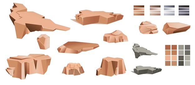 Rock stone big set cartoon stones and rocks in isometric d flat style set of different boulders vide