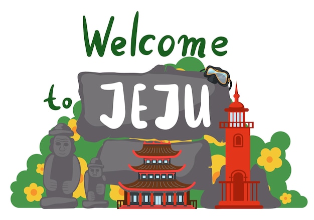 Rock stone plate Welcome to Jeju island in South Korea traditional symbols landmarks Dolharubang statue red lighthouse Yakchunsa Temple diving tourism green bush with citrus yellow flowers