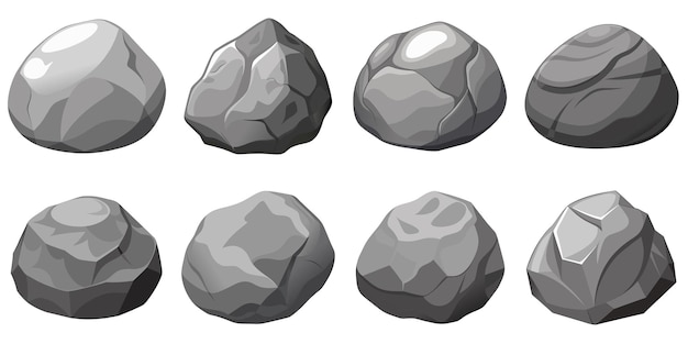 Rock stone set cartoon Cobble stone game objecten Vector grijze rots steen geïsoleerd op wit