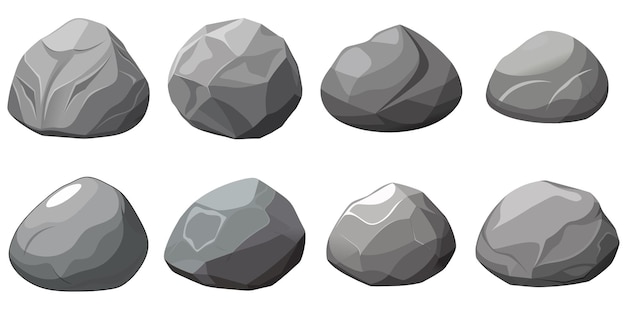 Rock stone set cartoon Cobble stone game objecten Vector grijze rots steen geïsoleerd op wit