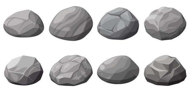 Rock stone set cartoon Cobble stone game objecten Vector grijze rots steen geïsoleerd op wit