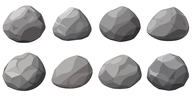 Rock stone set cartoon Cobble stone game objecten Vector grijze rots steen geïsoleerd op wit