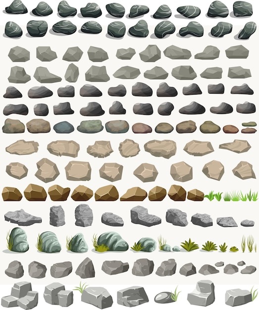 Rock stone set with grass cartoon in flat style.