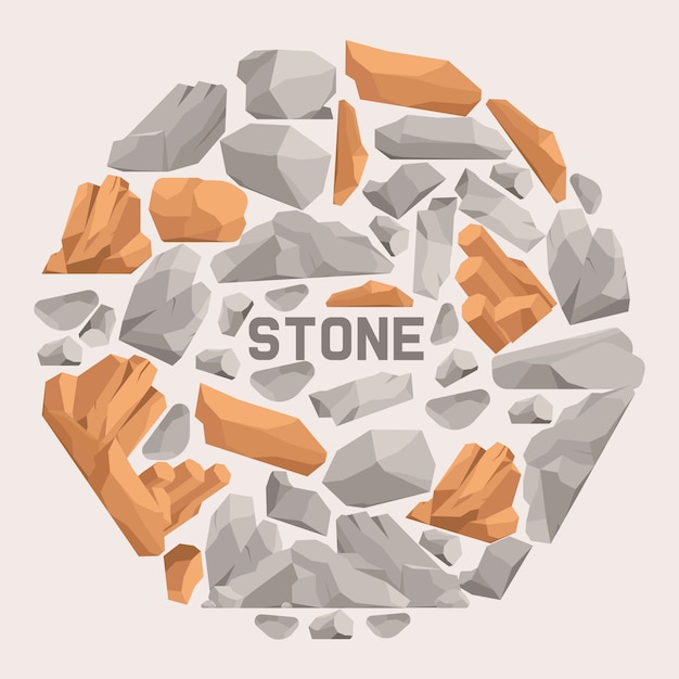 Rock stones cartoon flat composition. stones and rocks in isometric 3d style vector illustration. set of boulders of different shape and color.