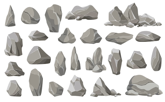 산의 바위 돌과 파편. 자갈, 회색 돌. 다양한 모양의 돌 컬렉션.