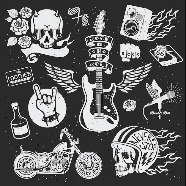 Rock themed badges. Vector set. Set of vector symbols related to rock and roll.