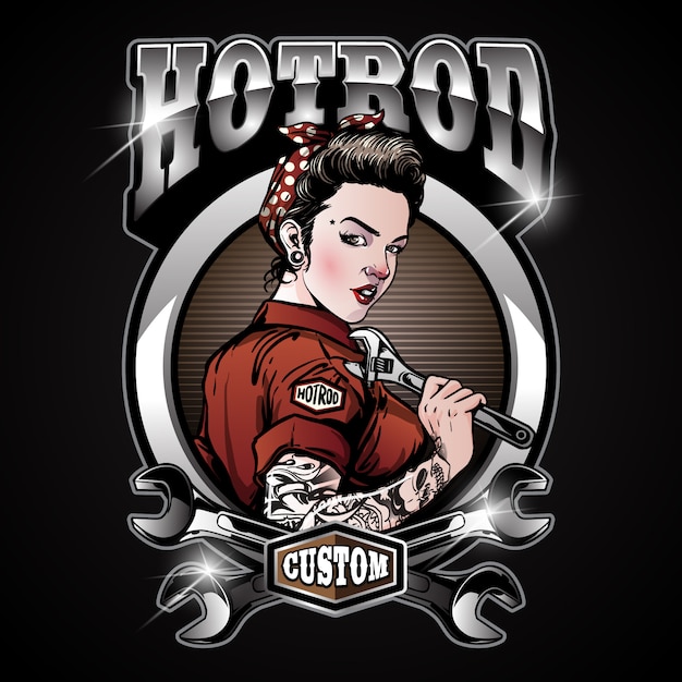 Premium Vector  Rockabilly pin up girl hot rod service